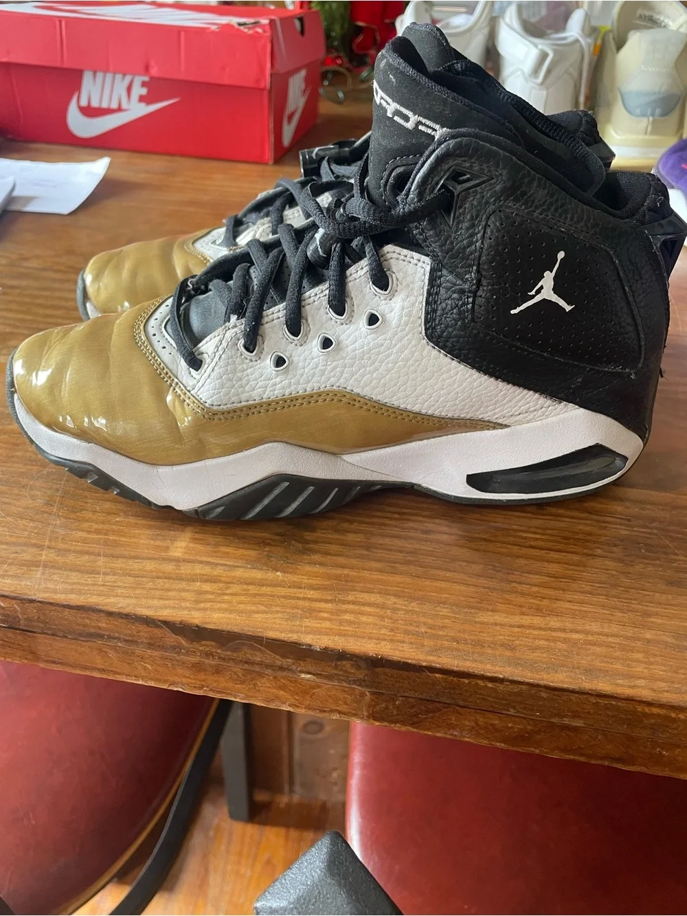 Nike Air Jordans High-Top Sneakers - Black White Gold, Size 7 Y casual athletic